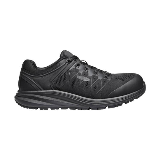 Black low-top work shoe with a mesh upper, lace-up closure, and rugged treaded sole