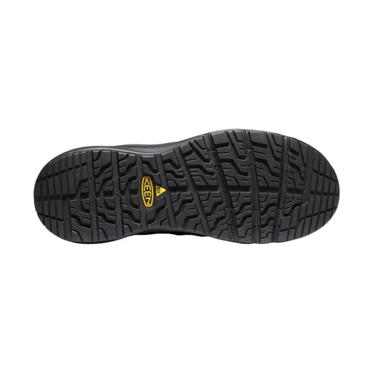 Black work shoe outsole with deep tread and KEEN logo