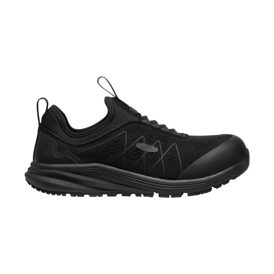 Black low-top work shoe with knit upper, reinforced toe, and pull tabs
