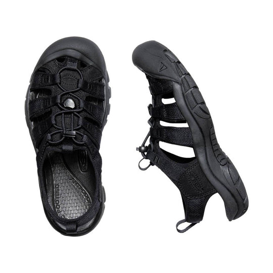 Black closed-toe hiking sandal with bungee laces, strap cutouts, and cushioned sole