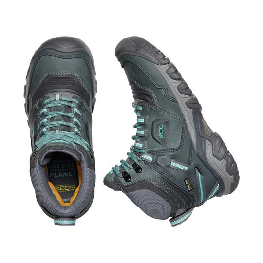 Gray and teal mid hiking boot shown from top and side views with bungee laces and rugged sole