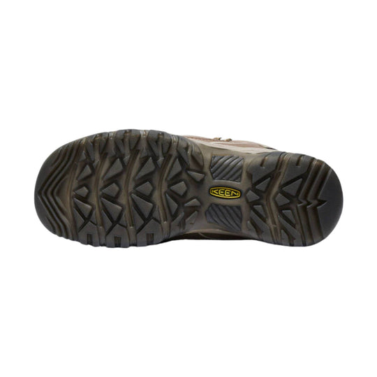 Outsole of a rugged hiking boot with deep tread and a KEEN logo