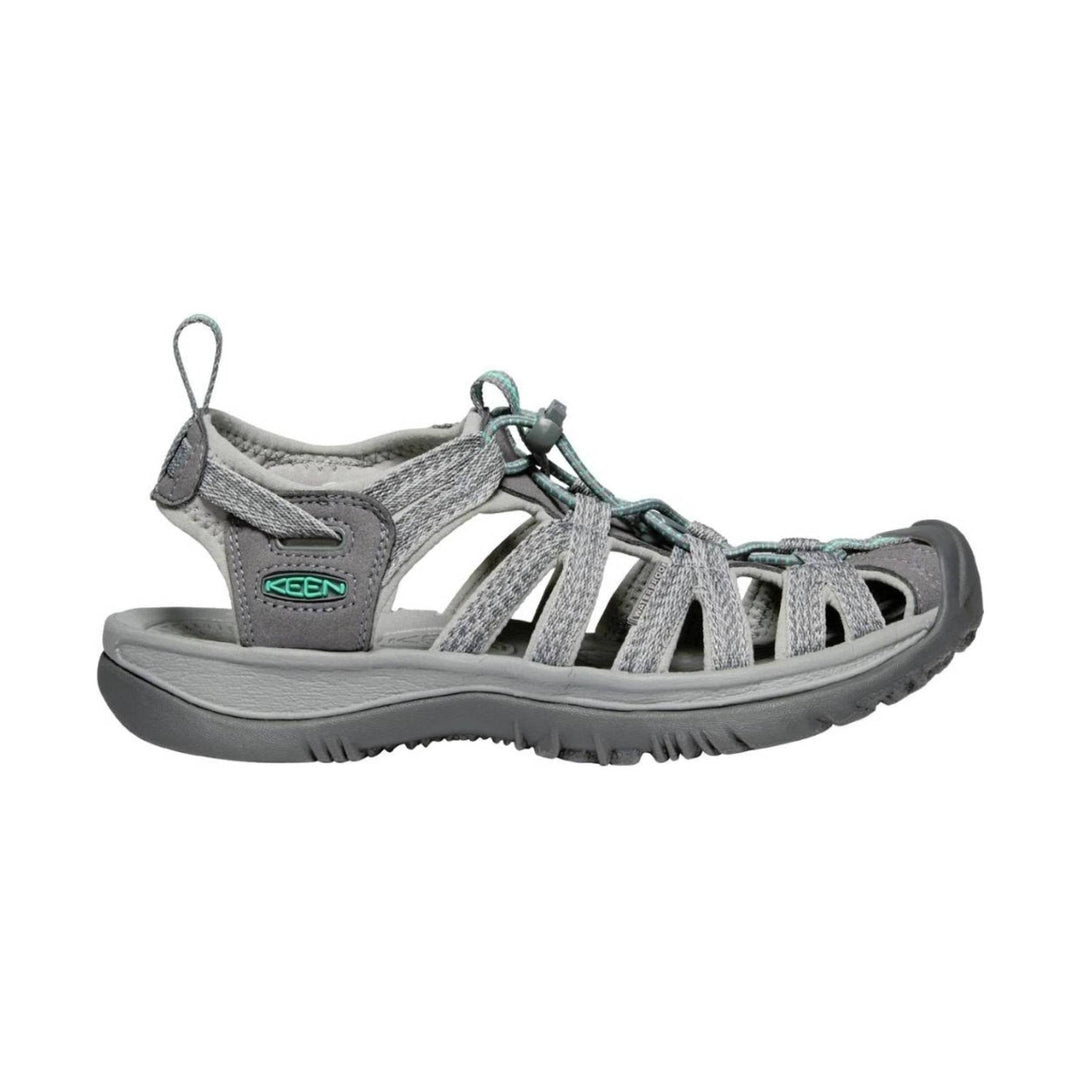 Gray closed-toe hiking sandal with bungee laces and a KEEN logo on the side