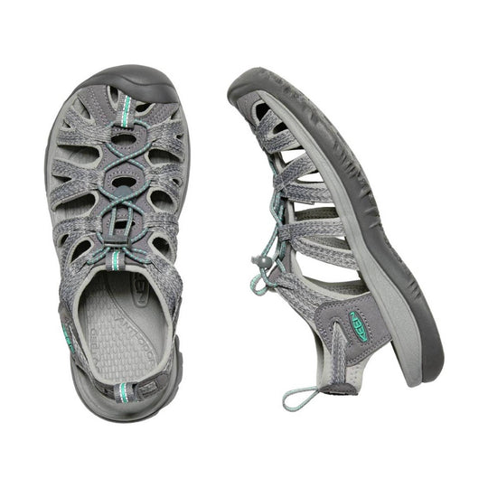 Gray closed-toe hiking sandal with bungee laces, side cutouts, and teal accents