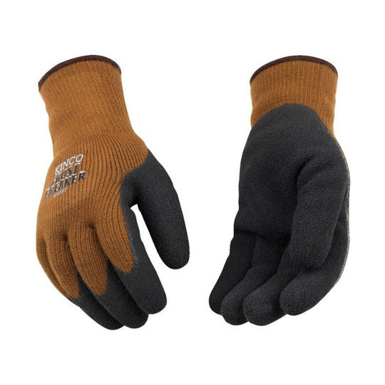 Pair of knit thermal work gloves, brown with black coated palms and fingers, shown front and back