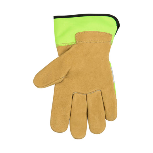 Beige leather work glove with neon green cuff and black trim