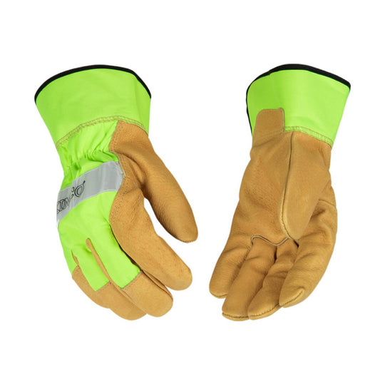 Pair of neon green and tan leather work gloves with reflective strip