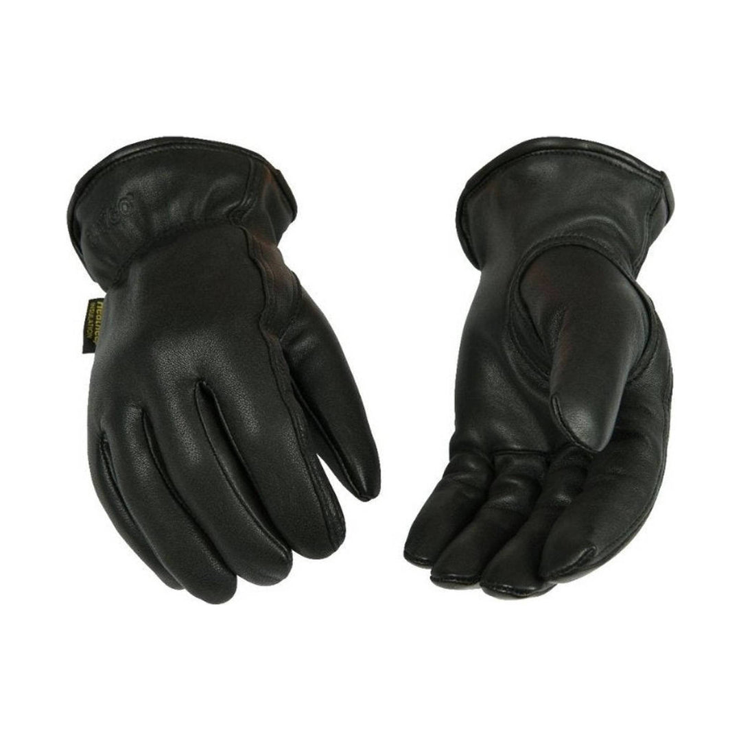 Pair of black leather driver gloves shown palm and back views