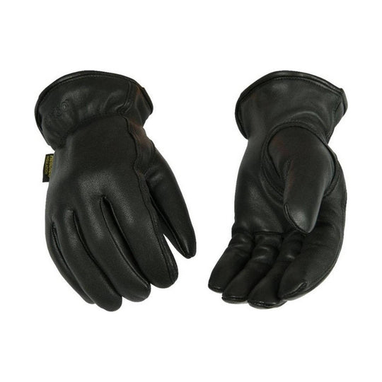 Pair of black leather driver gloves shown palm and back views