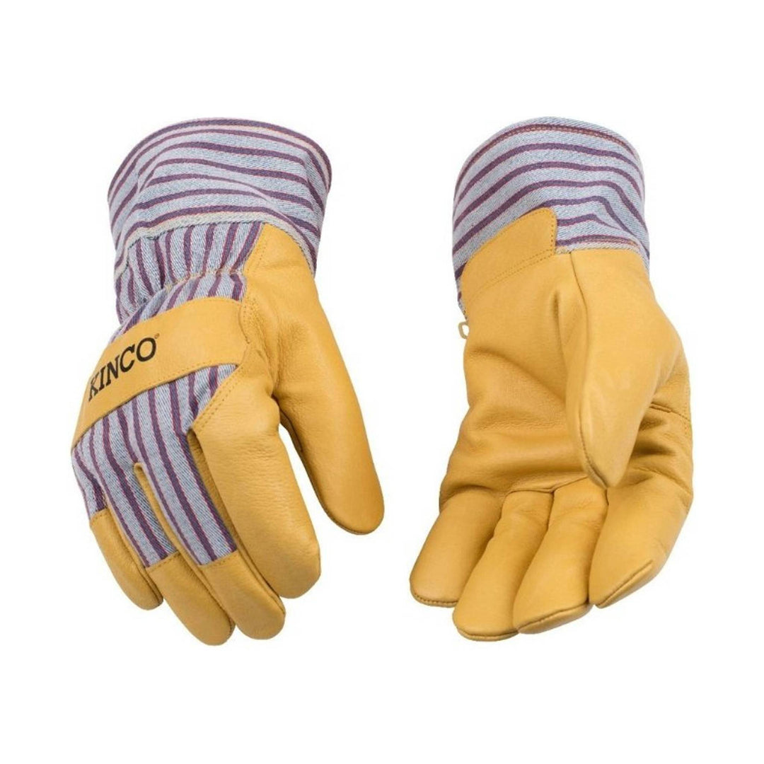 Yellow leather work gloves with striped knit cuffs and visible KINCO branding