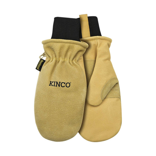 Pair of tan leather mittens with black knit cuffs and visible KINCO branding