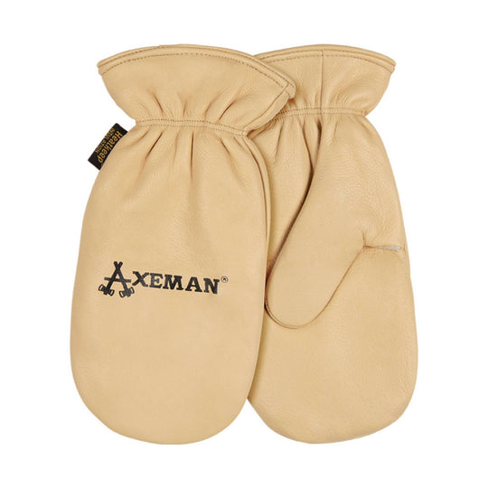 Tan leather mittens with black AXEMAN logo and side tag