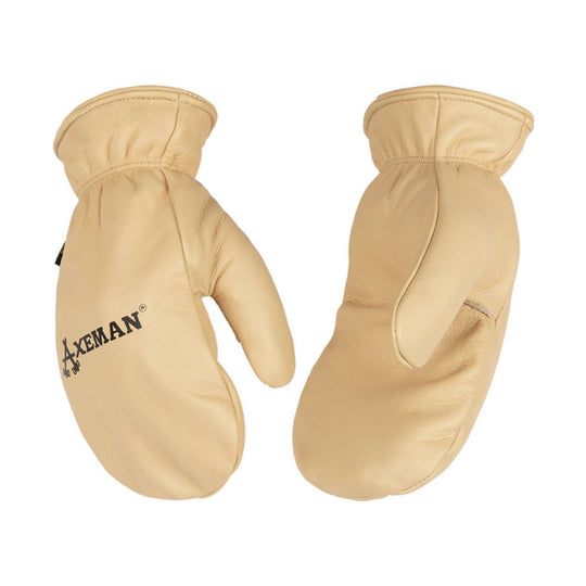 Pair of tan leather mittens with a black logo print