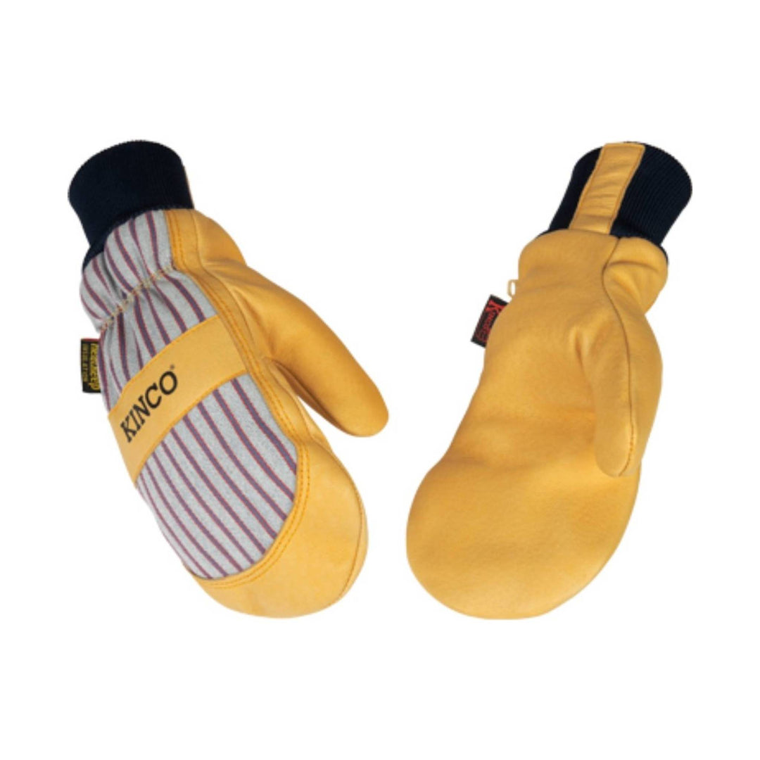 Pair of yellow lined leather mittens with black knit cuffs and striped lining