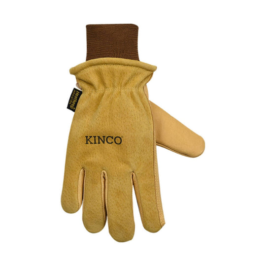 Tan leather work glove with a brown knit cuff and black KINCO logo