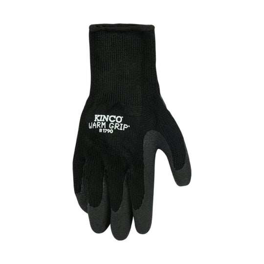 Black knit glove with rubberized grip coating and printed text on the back