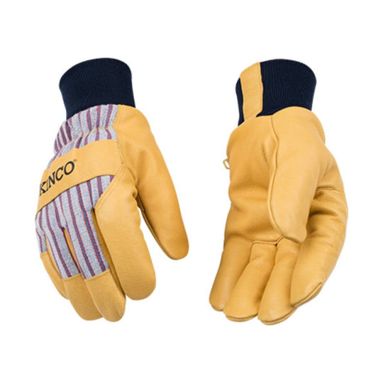 Pair of yellow leather work gloves, one showing a striped back panel and partial KINCO logo