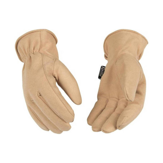 Pair of tan insulated work gloves with gauntlet cuffs