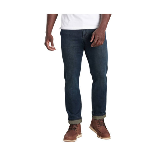 Dark wash straight-leg jeans with rolled cuffs, shown with brown lace-up boots