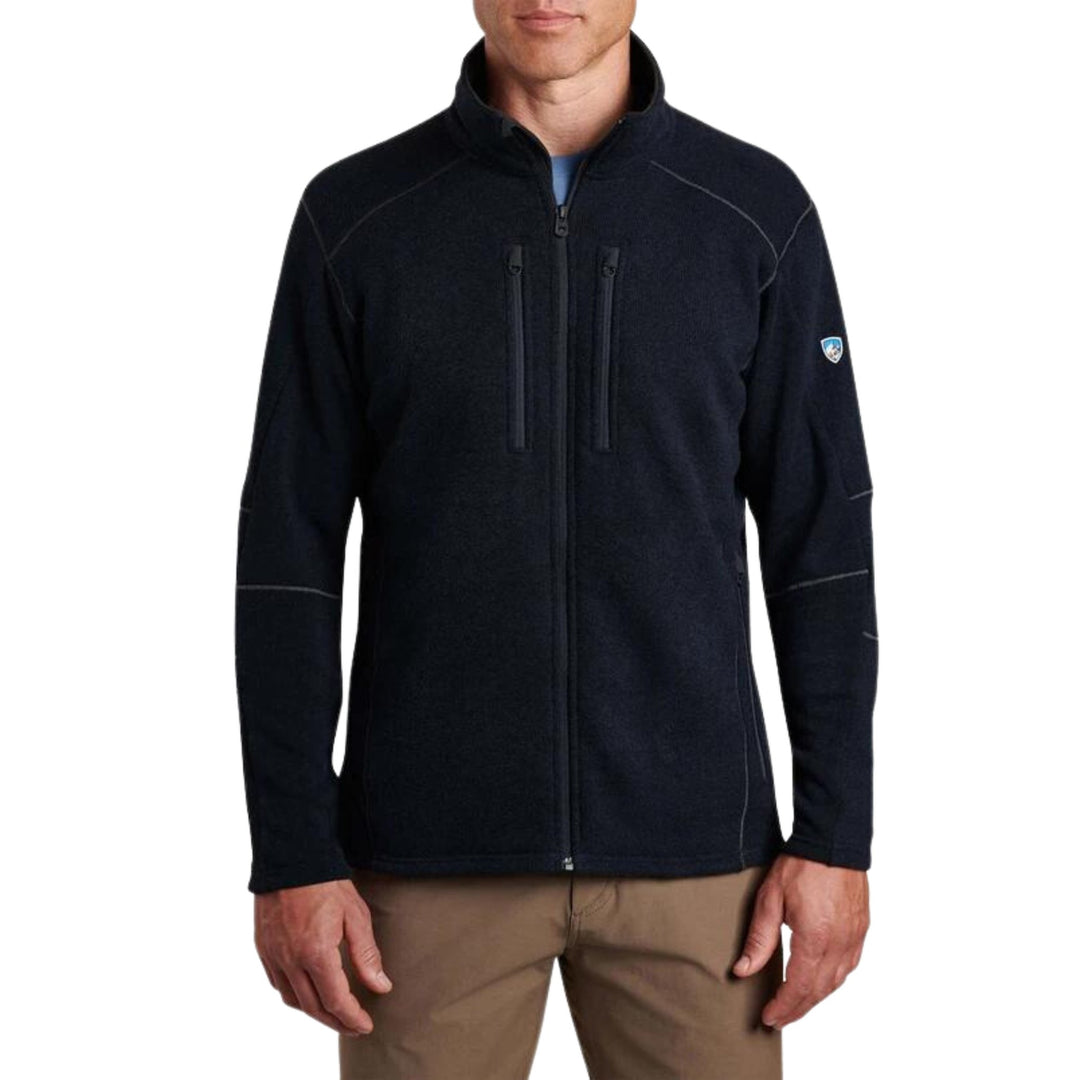Black full-zip fleece jacket with stand collar, chest pockets, and long sleeves