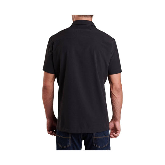 Black short-sleeve collared shirt shown from the back