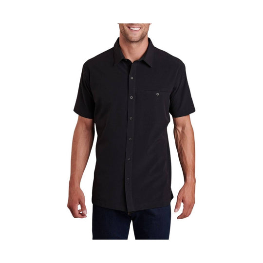 Black short-sleeve button-up shirt with chest pocket and pointed collar