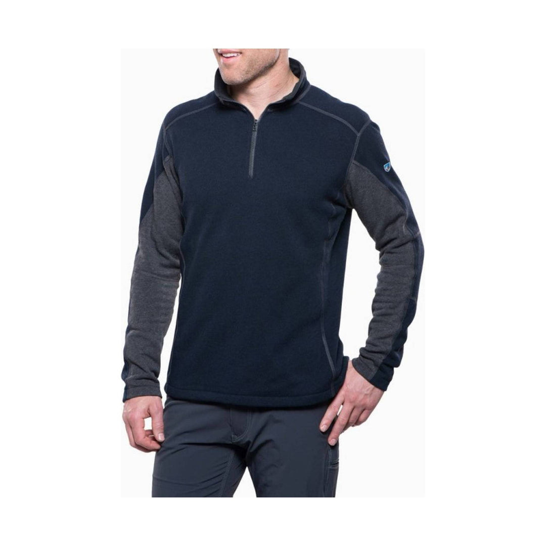 Navy and gray quarter-zip pullover with long sleeves and contrast shoulder panels