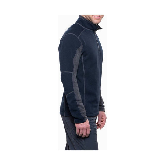 Navy quarter-zip fleece pullover with gray sleeve panels and seam details, shown in side view