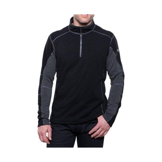 Black quarter-zip pullover with gray sleeves and contrast seam detailing
