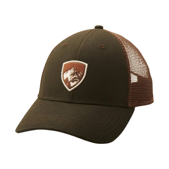 Brown mesh-back trucker hat with a mountain patch on the front