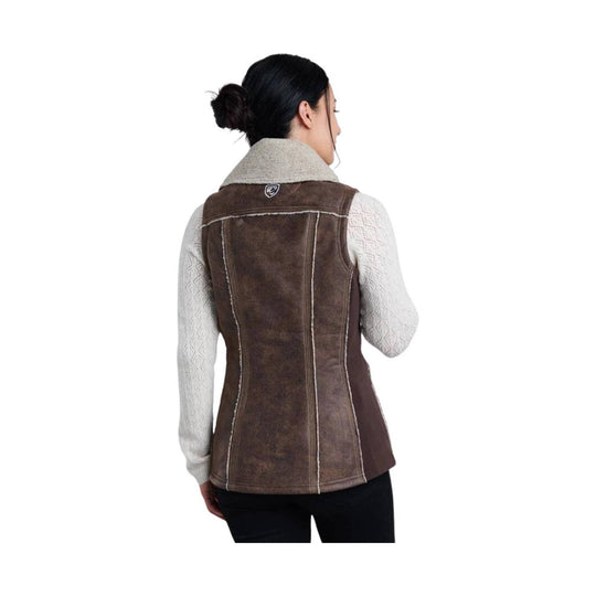 Brown suede-look vest with light sherpa collar, over a light knit long-sleeve top, shown from the back