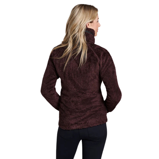 Chocolate-brown plush zip-up fleece jacket shown from the back on a model.