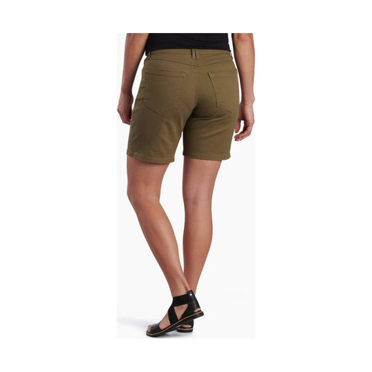 Olive mid-rise shorts shown from the back on a model