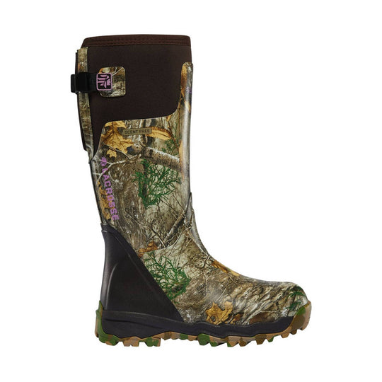 Tall camouflage rubber hunting boot with brown upper and black lower section, side strap, and lugged sole