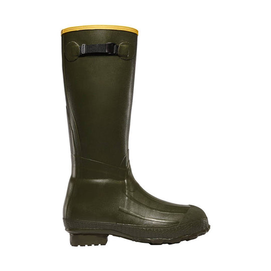 Tall olive-green rubber boot with black buckle strap and textured sole