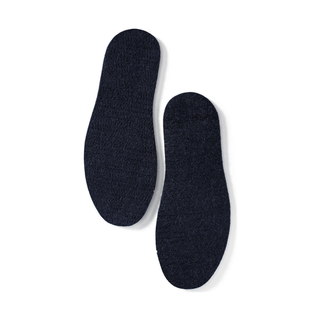 Pair of dark felt shoe insoles on a white background