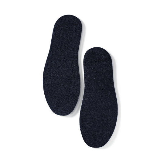 Pair of dark felt shoe insoles on a white background
