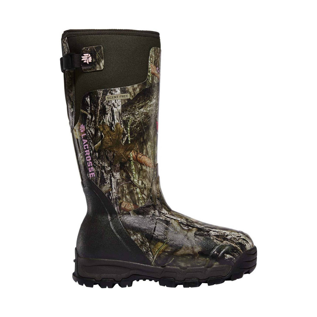 Mossy camouflage insulated tall rubber boot with black sole and pink logo text