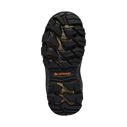 Black rugged boot outsole with deep lugs and orange LA CROSSE logo
