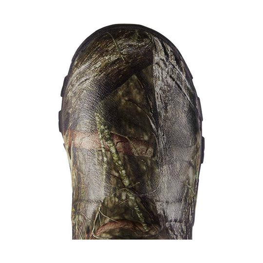 Tall camouflage insulated boot shown from above with a rounded toe and black trim