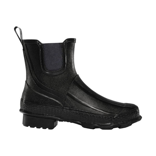 Black Chelsea rain boot with elastic side panel, pull tab, and lug sole