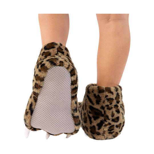 Leopard-print faux fur paw slippers with textured gray soles