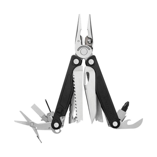Black and stainless multitool pliers with serrated blades, saw, file, and fold-out accessories