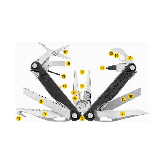 Folded stainless steel multi-tool with pliers, knife blades, saw, file, and several deployable tools shown open