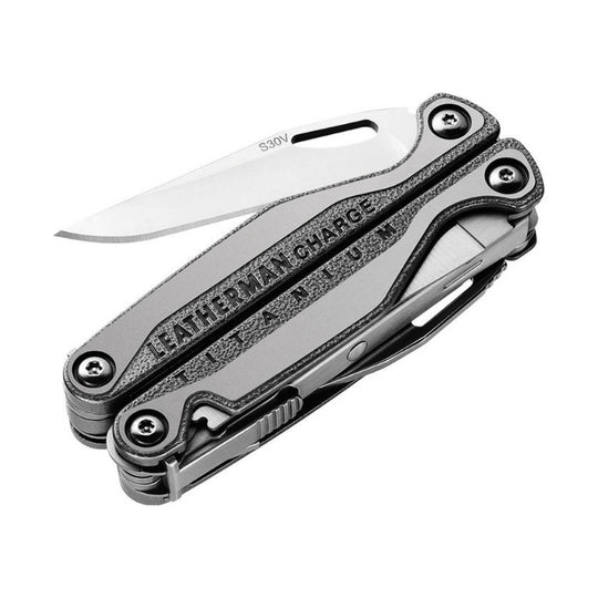 Folded stainless steel multi-tool with a partially open blade and S30V marking