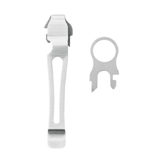 Silver multitool pocket clip and metal key ring accessory shown separately on a white background