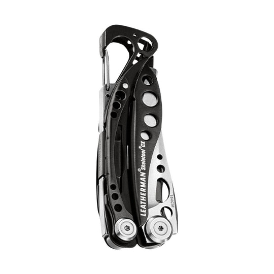 Black and silver folding multi-tool with cutout handles, open carabiner clip, and visible Leatherman marking