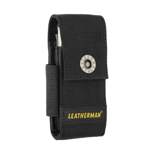 Black nylon multitool sheath with snap flap and yellow LEATHERMAN patch
