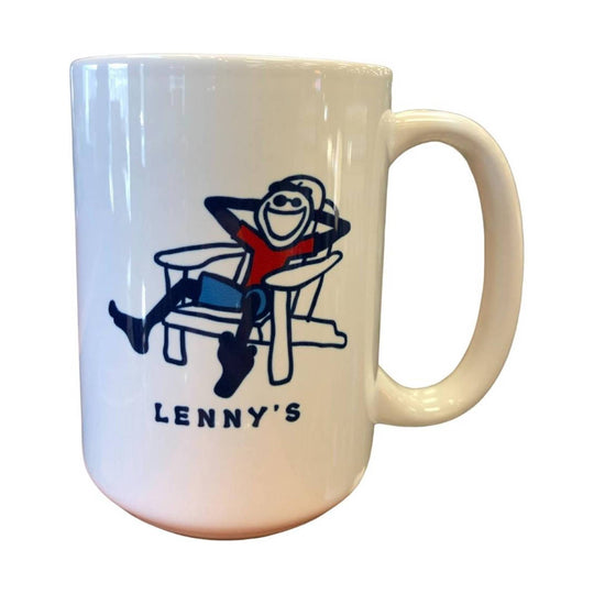 White ceramic mug with a lounging chair graphic and the word "LENNY'S"