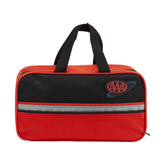 Red and black zippered rectangular duffel bag with black handles and a reflective front stripe